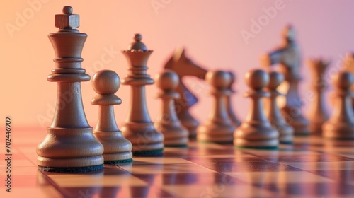 Strategic Harmony: Chess Pieces Aligned on a Peach-Colored Board, Creating a Serene and Elegant Composition