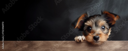 Cute little dog looks from the corner above table. copy space for text photo
