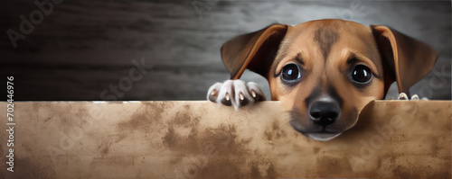 Cute little dog looks from the corner above table. copy space for text photo