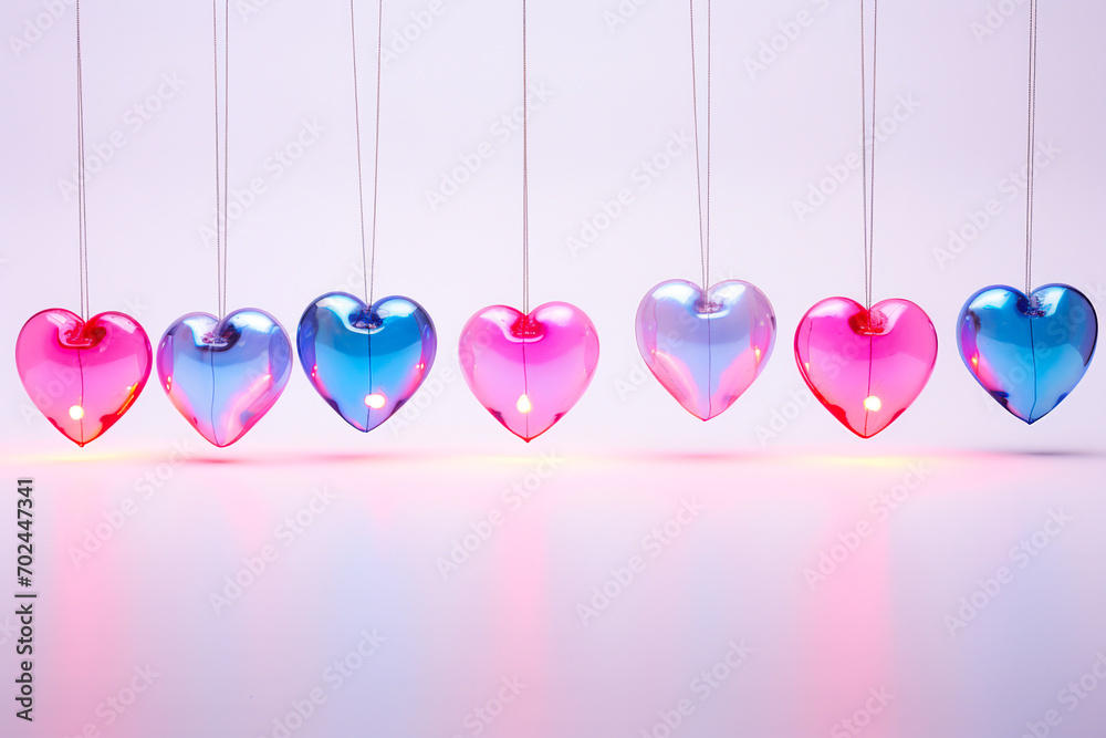 Fototapeta premium Romantic background with crystal hearts. Happy Valentine's Day cute banner, poster, card or web background. Love, harmony and special bond themed design in pink and blue hues.
