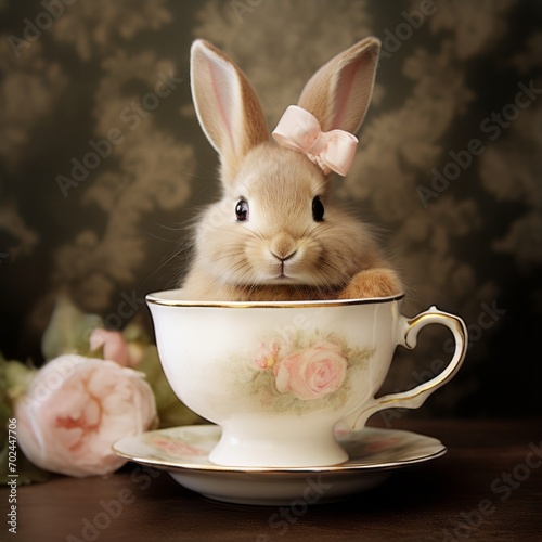 Shabby Chic Bunny Rabbit in front of a Cup of Tea and floral elements, Roses. AI Generative