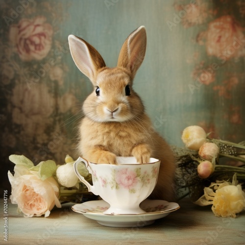 Shabby Chic Bunny Rabbit in front of a Cup of Tea and floral elements, Roses. AI Generative