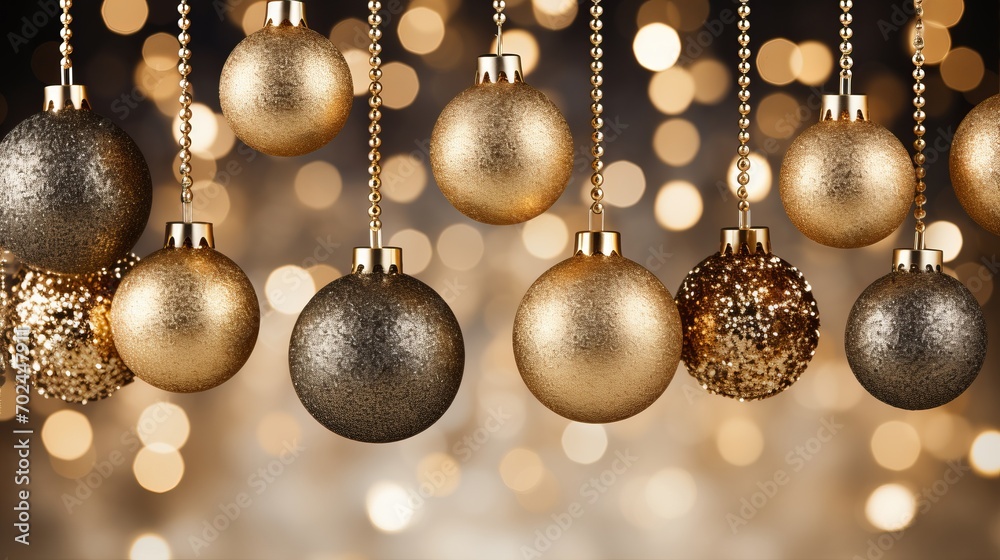 Golden baubles adorning christmas tree with sparkling lights and magical festive backdrop