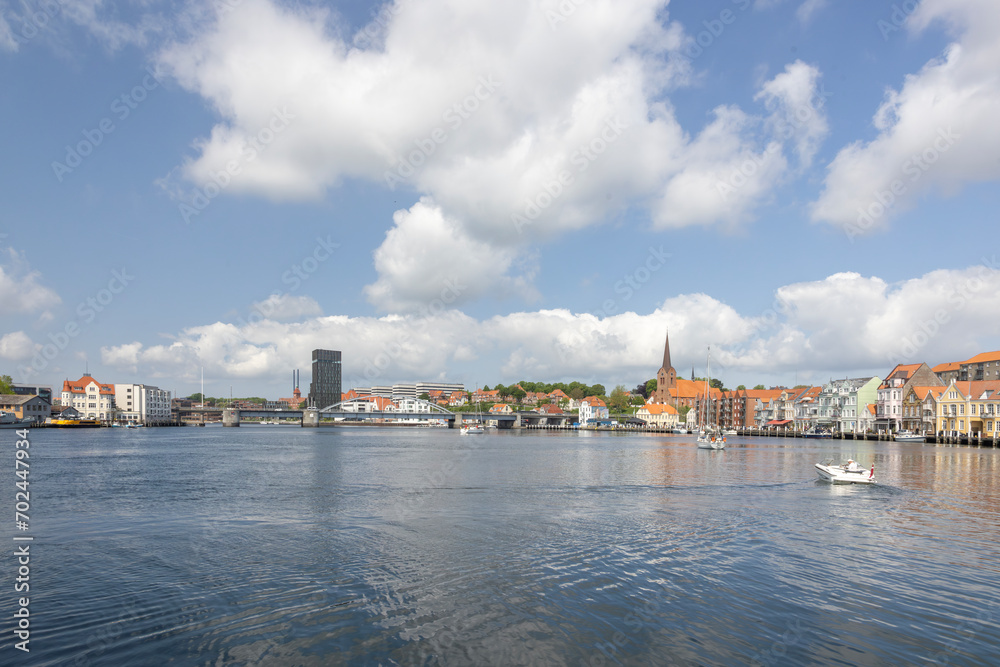 Sønderborg harbor with beautiful old buildings, on a beautiful summer day, Sønderborg, Denmark