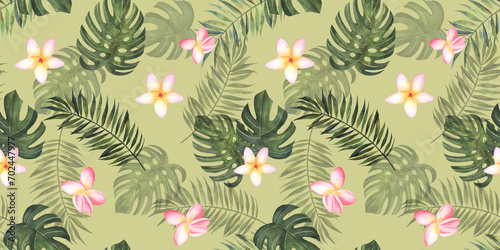 Tropical watercolor seamless background. Jungle pattern with exotic flowers, monstera and palm leaves. Stock Jungle vintage wallpaper, fabric, textile.