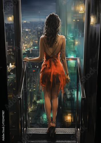 Elegant woman in red dress looking at night city from the balcony photo