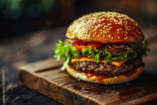 Gourmet Burger Delight: A classic-style hamburger with a sesame seed bun, meticulously layered with lettuce, cheese, a juicy beef patty, onions, and possibly tomato, served on a rustic wooden