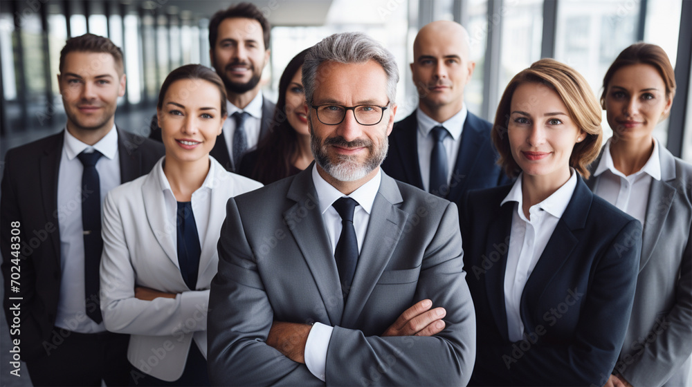 A team of businessmen posing together in a glass light office A team of businessmen posing together in a glass light office