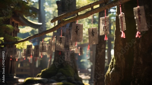 japanese fortunes are tied to trees in the temple grounds  copy space  16 9