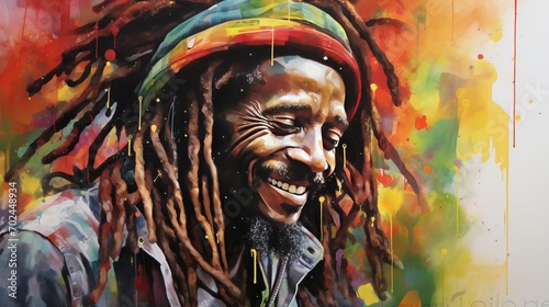 portrait of someone wearing a rastafarian hat, dreadlocks, vibrant colors and energy of reggae music photo