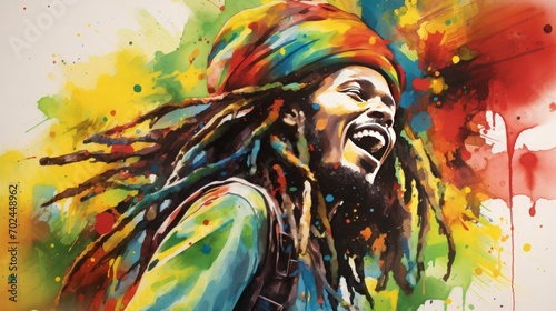 portrait of someone wearing a rastafarian hat, dreadlocks, vibrant colors and energy of reggae music