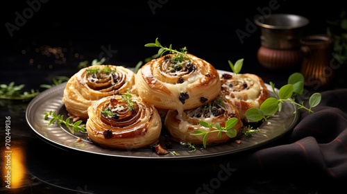 Puff pastry ham and cheese snails, food photography, 16:9
