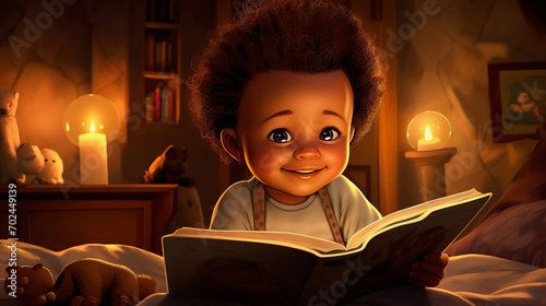 Little cute african baby with curly hair reading a book in your bedroom photo