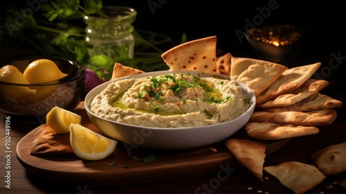 baba ganoush with pita chips / bread, food photography, 16:9 photo