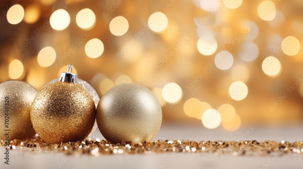 Golden baubles close up on christmas tree with sparkling lights and festive holiday atmosphere Golden baubles close up on christmas tree with sparkling lights and festive holiday atmosphere