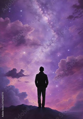 Silhouette of a man looking at a colorful purple sky