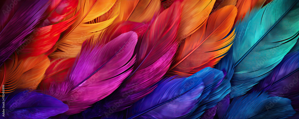 Rainbow colorful feathers background.