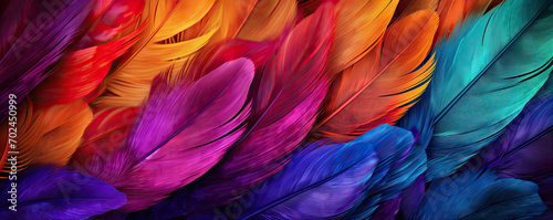 Rainbow colorful feathers background. © Alena