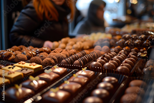 Amongst a display of gourmet chocolates, a woman with a sweet tooth marvels at the artistry of each handcrafted treat.