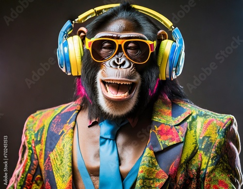 Colorful chimp smiling with headphones on black background in retro suit