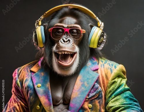 Colorful chimp with headphones on black background in retro suit © creativemariolorek