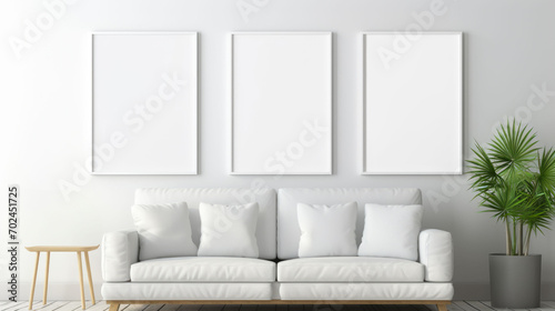 Three poster or photography frame mockup on the white wall in a Boho style interior with sofa and other furniture decor