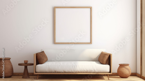 Poster or photography frame mockup on the white wall in a Boho style interior with sofa and other furniture decor 