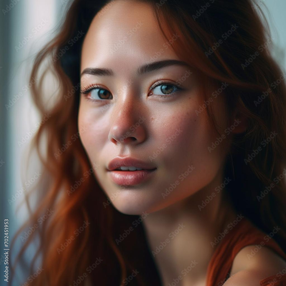 portrait of a modern young Asian woman, expressive facial features, sensual smiling lips, with slanted eyes, looking at the camera portrait of a modern young Asian woman, expressive facial features, sensual smiling lips, with slanted eyes, looking at the camera
