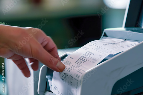 close-up shot captures the transaction receipt being printed from a payment terminal photo