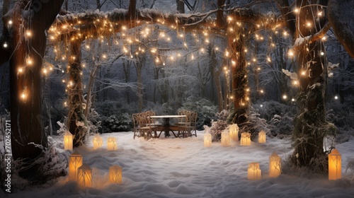 A hidden woodland glade aglow with softly glowing Christmas lights, creating a secluded winter haven.