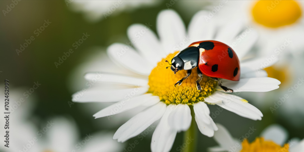 A ladybug on a white daisy with a yellow center.