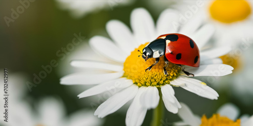 A ladybug on a white daisy with a yellow center.