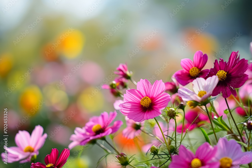 Vibrant pink cosmos flowers blooming in a garden.