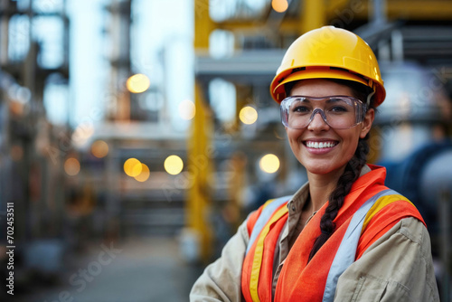 smiling female engineer with safety helmet and vest in an industrial plant