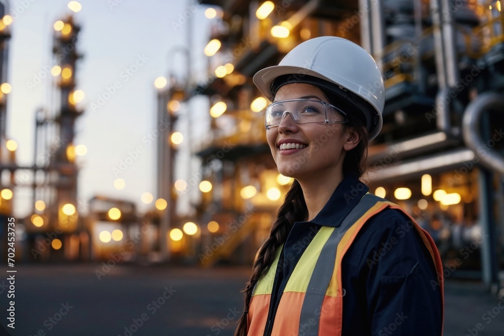 smiling female engineer with safety helmet and vest in an industrial plant