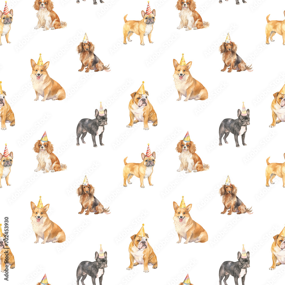 Birthday dogs seamless pattern created with Generative AI technology