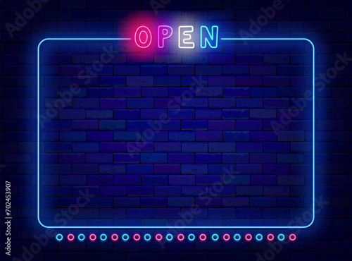 Open neon banner with space for text. Performance opening, Night show advertising. Vector stock illustration