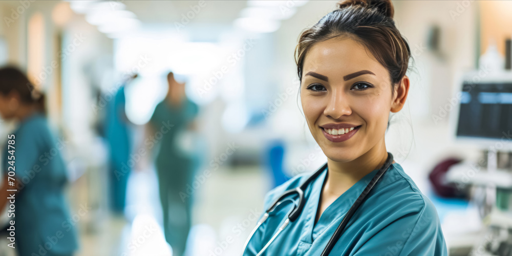 smiling Asian female nurse in teal scrubs with a stethoscope, standing in a busy hospital. smiling Asian female nurse in teal scrubs with a stethoscope, standing in a busy hospital.