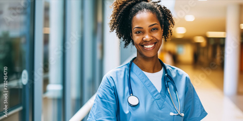 happy Black female nurse with curly hair, wearing blue scrubs and a stethoscope in a hospital hallway. photo
