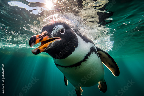 In the zoo's aquatic habitat, a Fiordland penguin from New Zealand gracefully navigates the submerged environment, showcasing its natural behaviors in a controlled and educational setting.