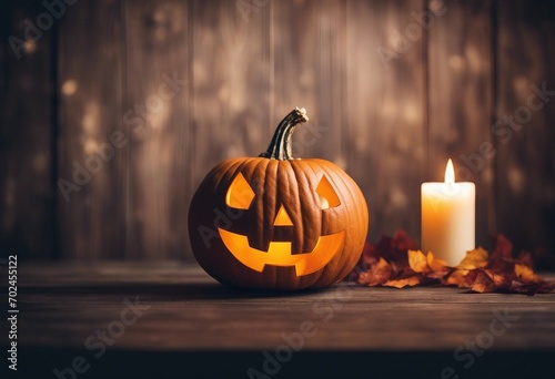 Happy Halloween message Pumpkin on table wood with dark wall background halloween concept