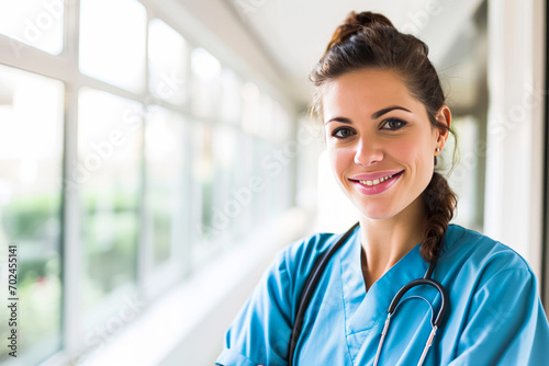 cheerful female nurse in blue scrubs with a stethoscope, standing by a window. photo