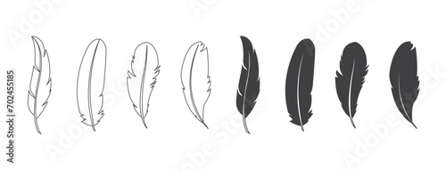 Simple black and transparent bird feather icons. Bird Feather silhouettes. Plumelet collection.  Feathers Vector isolated on transparent background.