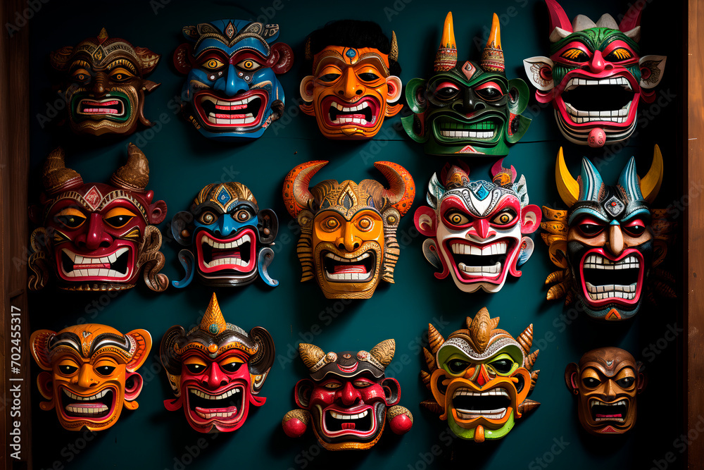 Adorning the expansive wall with cultural richness, an extensive collection of Javanese masks is thoughtfully displayed, capturing the essence of tradition and artistry.