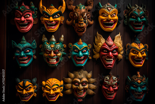 Adorning the expansive wall with cultural richness, an extensive collection of Javanese masks is thoughtfully displayed, capturing the essence of tradition and artistry.