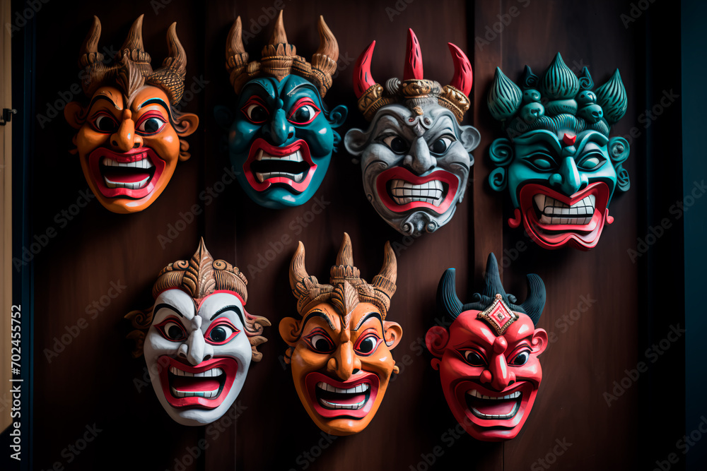 Adorning the expansive wall with cultural richness, an extensive collection of Javanese masks is thoughtfully displayed, capturing the essence of tradition and artistry. Adorning the expansive wall with cultural richness, an extensive collection of Javanese masks is thoughtfully displayed, capturing the essence of tradition and artistry.