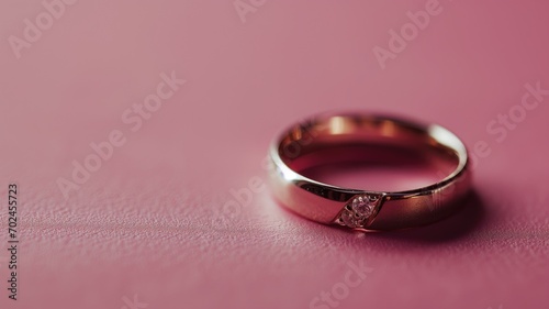 Close-up of a rose gold ring with a diamond on a pink surface