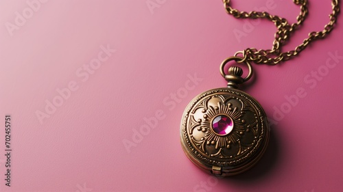 Vintage pocket watch with ornate design on pink