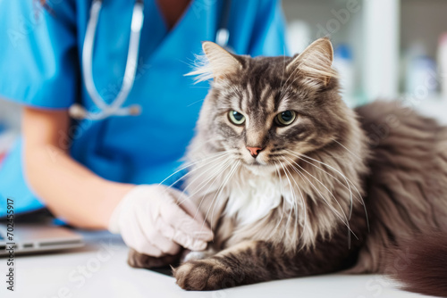 Long-haired grey cat examined by vet in blue gloves. © Enigma