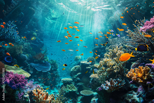 vibrant underwater scene, teeming with colorful coral reefs and tropical fish © mila103